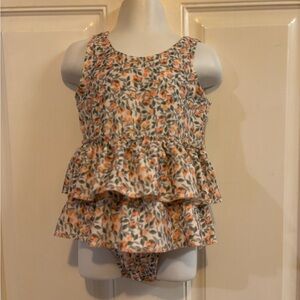 3/4T H&M peach/Green Floral tiered, flounced Frill Skirt swimsuit.  In EUC!